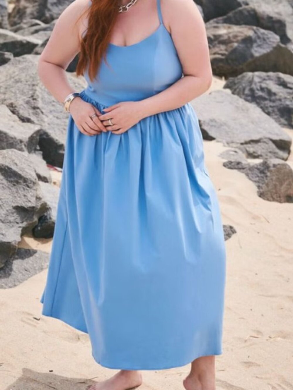 Eloquii Full Skirted Midi Dress Blue Size 20 Fit & Flare Dress w/Pockets
